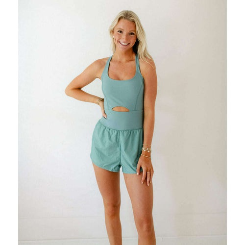 8.28 Boutique:Free People Movement,Free People Movement Righteous Runsie in Eucalyptus,Romper