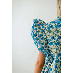 8.28 Boutique:Entro,The Carrie Blue Floral Scalloped Sleeve Top,Shirts & Tops