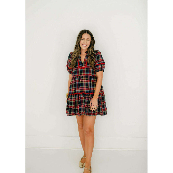 8.28 Boutique:Entro,Entro Navy Tartan Scalloped Tiered Dress,Dress