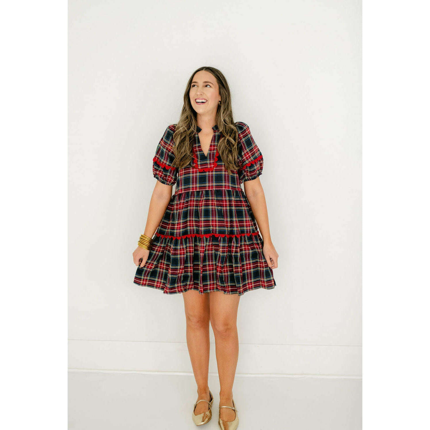 8.28 Boutique:Entro,Entro Navy Tartan Scalloped Tiered Dress,Dress