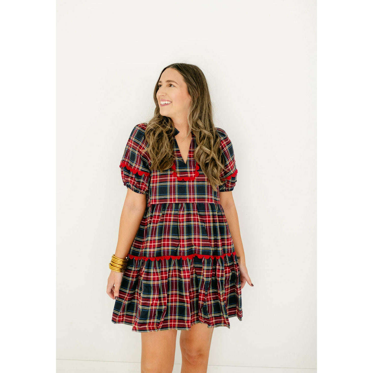 8.28 Boutique:Entro,Entro Navy Tartan Scalloped Tiered Dress,Dress