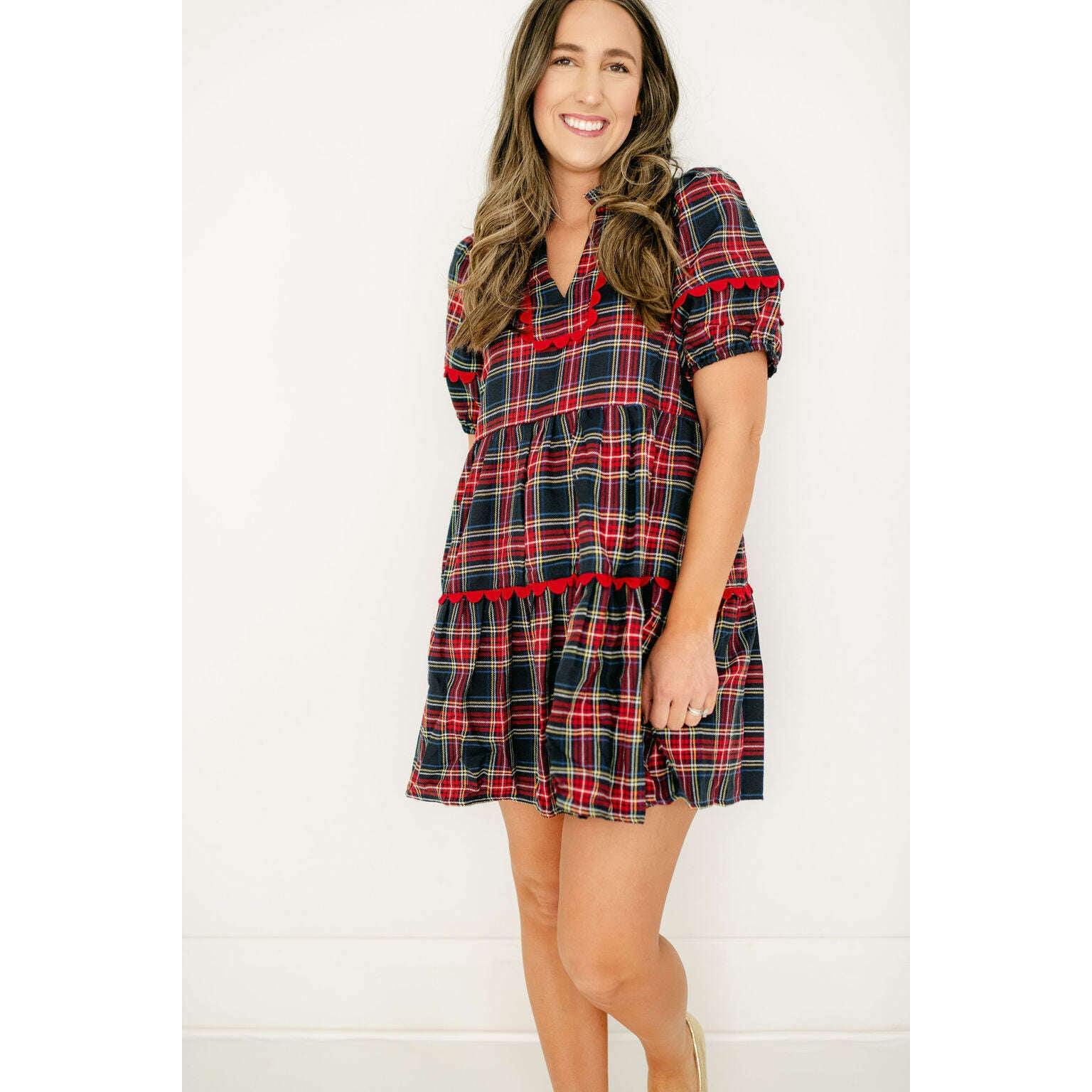 8.28 Boutique:Entro,Entro Navy Tartan Scalloped Tiered Dress,Dress