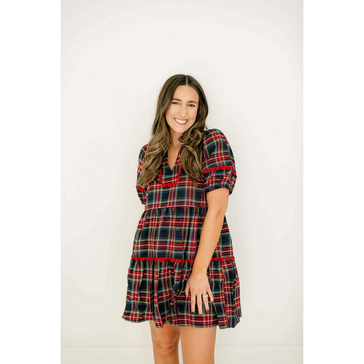 8.28 Boutique:Entro,Entro Navy Tartan Scalloped Tiered Dress,Dress