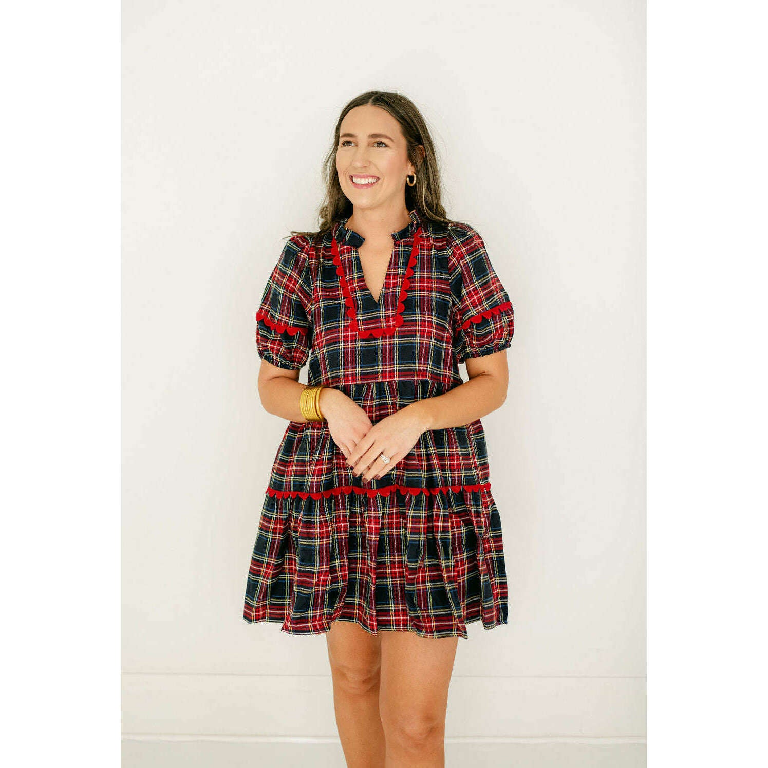 8.28 Boutique:Entro,Entro Navy Tartan Scalloped Tiered Dress,Dress