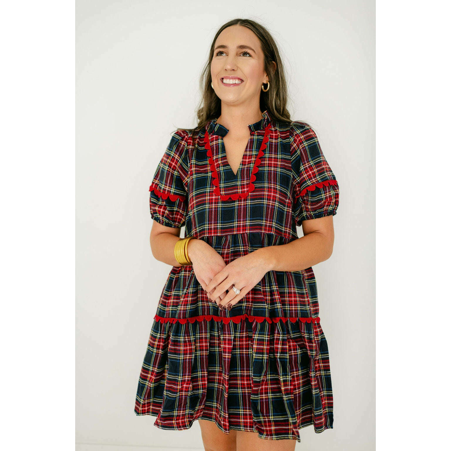 8.28 Boutique:Entro,Entro Navy Tartan Scalloped Tiered Dress,Dress