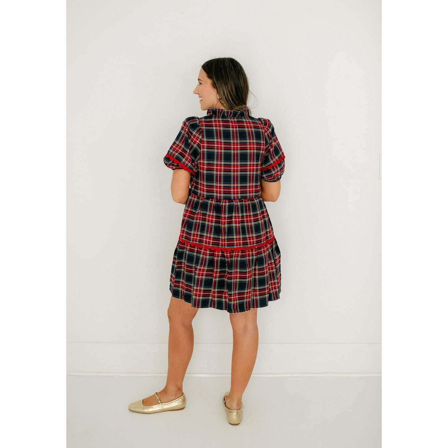 8.28 Boutique:Entro,Entro Navy Tartan Scalloped Tiered Dress,Dress