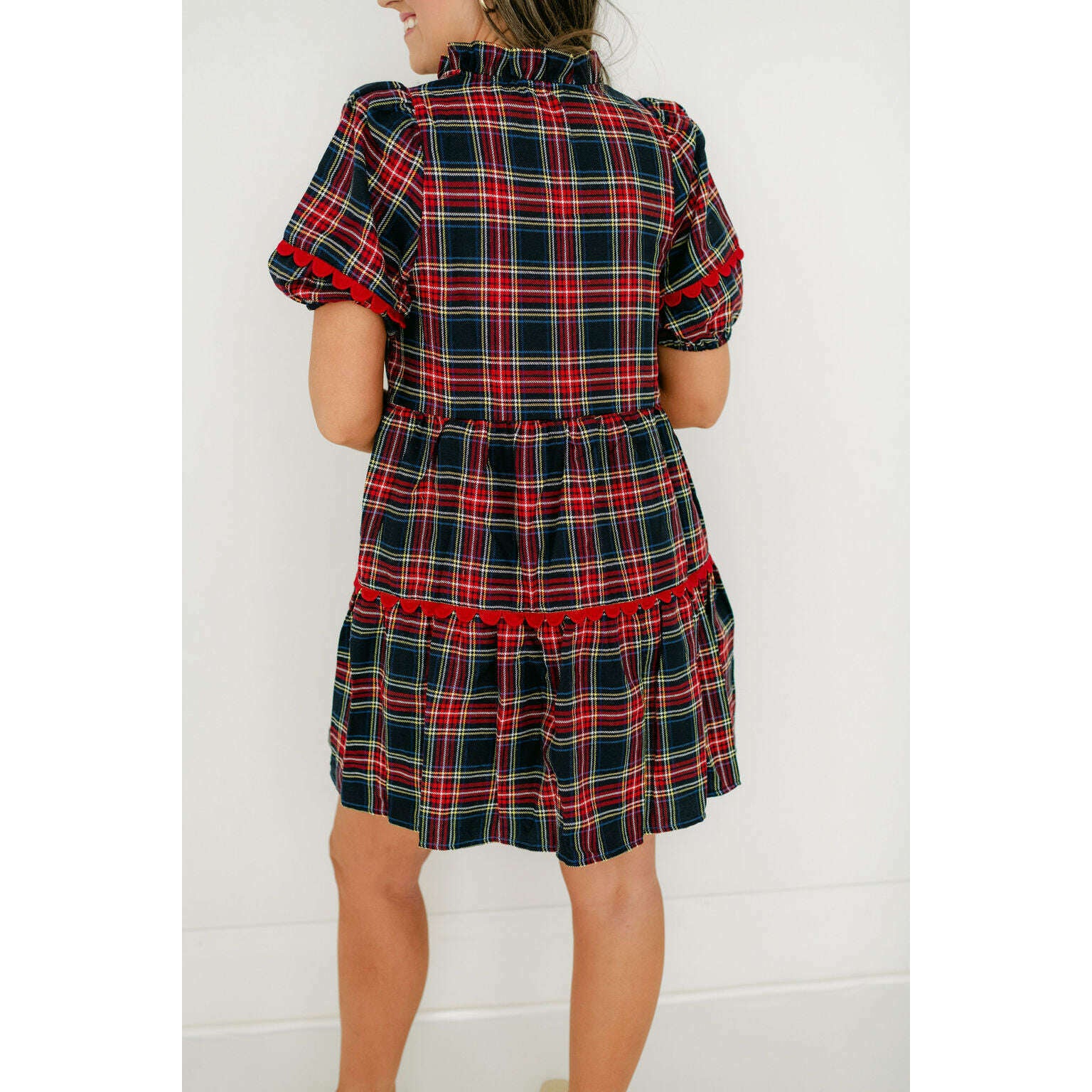 8.28 Boutique:Entro,Entro Navy Tartan Scalloped Tiered Dress,Dress