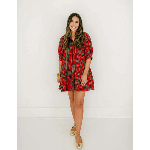 8.28 Boutique:Entro,Entro Red Tartan Puff Sleeve Dress,Dress