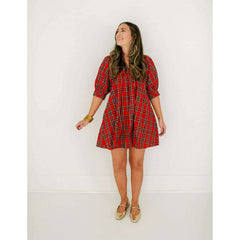 8.28 Boutique:Entro,Entro Red Tartan Puff Sleeve Dress,Dress