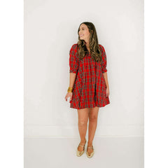 8.28 Boutique:Entro,Entro Red Tartan Puff Sleeve Dress,Dress