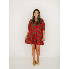 8.28 Boutique:Entro,Entro Red Tartan Puff Sleeve Dress,Dress