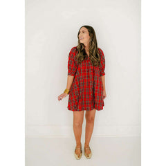 8.28 Boutique:Entro,Entro Red Tartan Puff Sleeve Dress,Dress