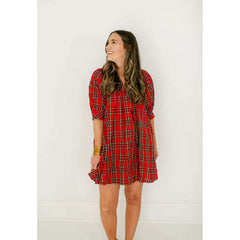 8.28 Boutique:Entro,Entro Red Tartan Puff Sleeve Dress,Dress