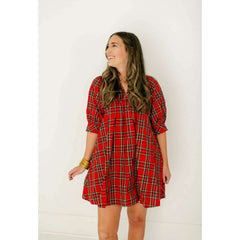 8.28 Boutique:Entro,Entro Red Tartan Puff Sleeve Dress,Dress