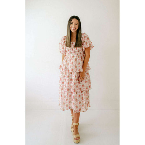8.28 Boutique:8.28 Boutique,The Janie Floral and Bow Puff Sleeve Tiered Dress,Dress