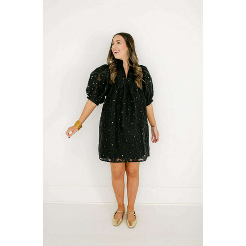 8.28 Boutique:Jade Melody Tam,Jade Melody Tam Black Floral Organza Puff Sleeve Dress,Dress