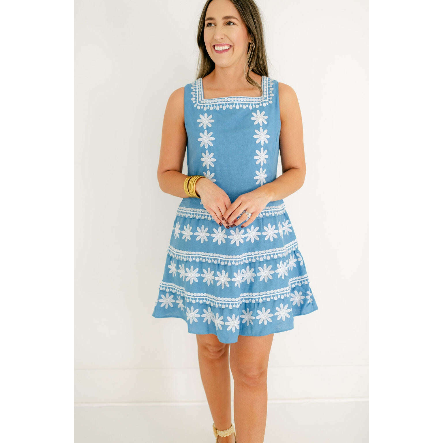 8.28 Boutique:Sail to Sable,Sail to Sable Embroidered Marina Square Neck Tiered Dress,Dress