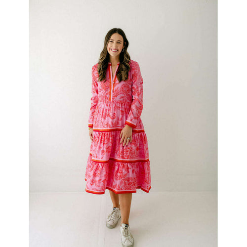 8.28 Boutique:8.28 Boutique,The Rachel Pink Floral Long Sleeve Midi Dress,Dress