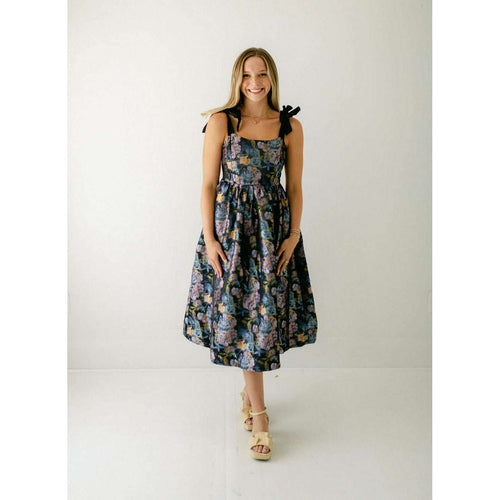 8.28 Boutique:Aureum,Aureum Floral Jacquard Midi Dress with Ties,Dress